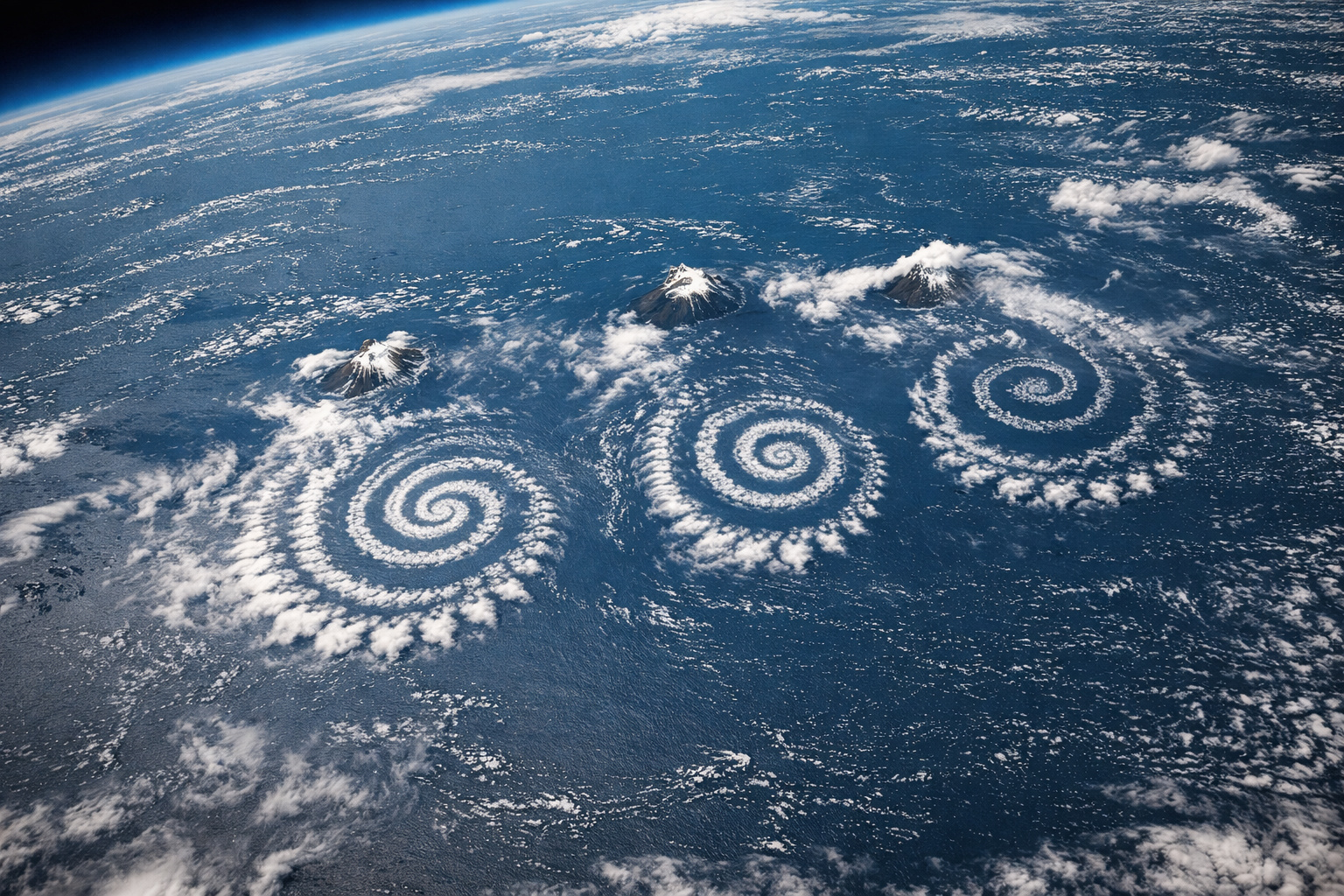 Satélite NOAA-20 registrou em 2025 espirais perfeitas de nuvens no Atlântico Sul formadas por ilhas vulcânicas que perturbam o fluxo do vento.