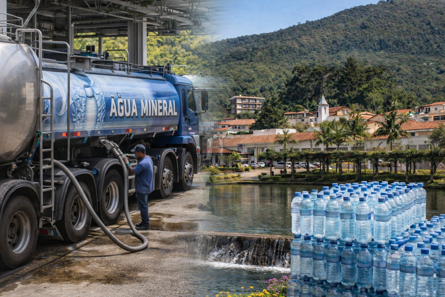 Caminhão sendo abastecido com água mineral em Lindóia ao lado de paisagem com cachoeira, lago e cidade do interior de São Paulo