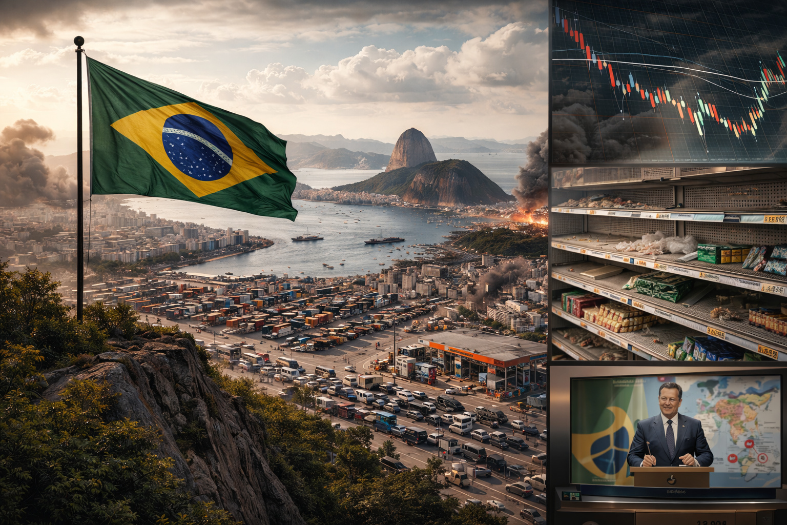 Cenário urbano no Brasil com porto movimentado, filas em postos de combustível, prateleiras parcialmente vazias e elementos de instabilidade econômica e política