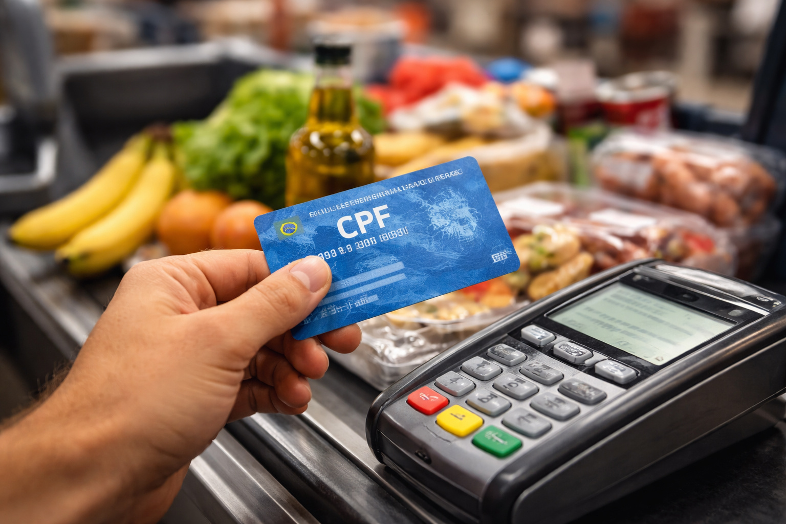 Cliente informando CPF no terminal de pagamento em supermercado durante compra com produtos no caixa