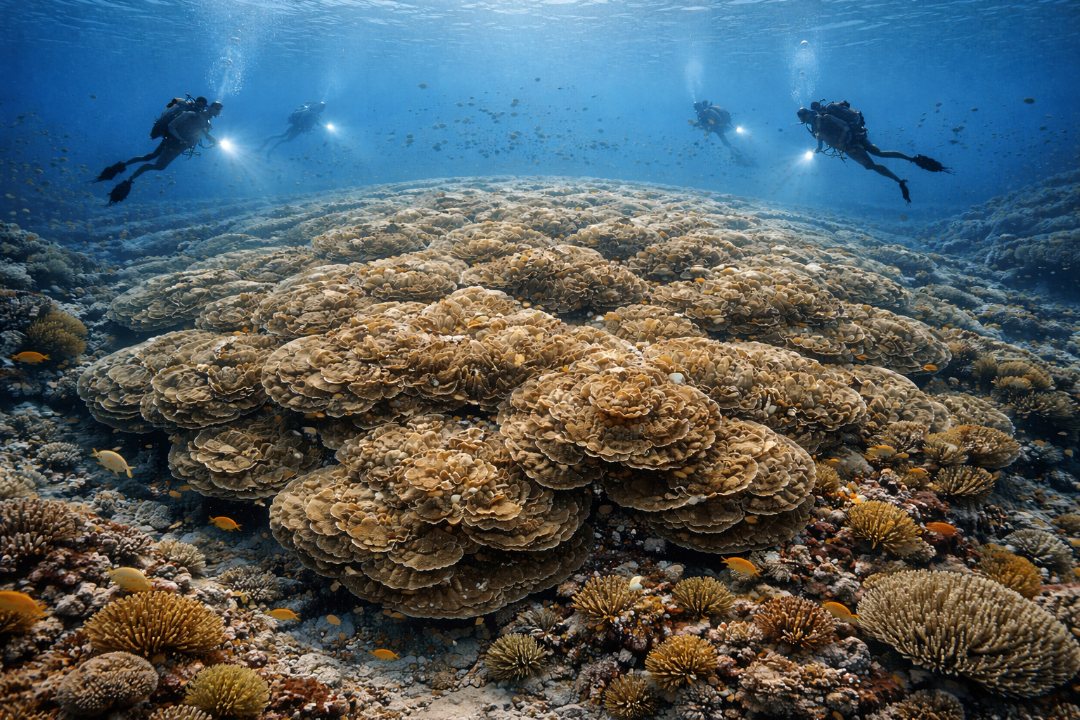 Colônia de coral pavona clavus gigante no fundo do oceano sendo explorada por mergulhadores, com peixes e vida marinha ao redor