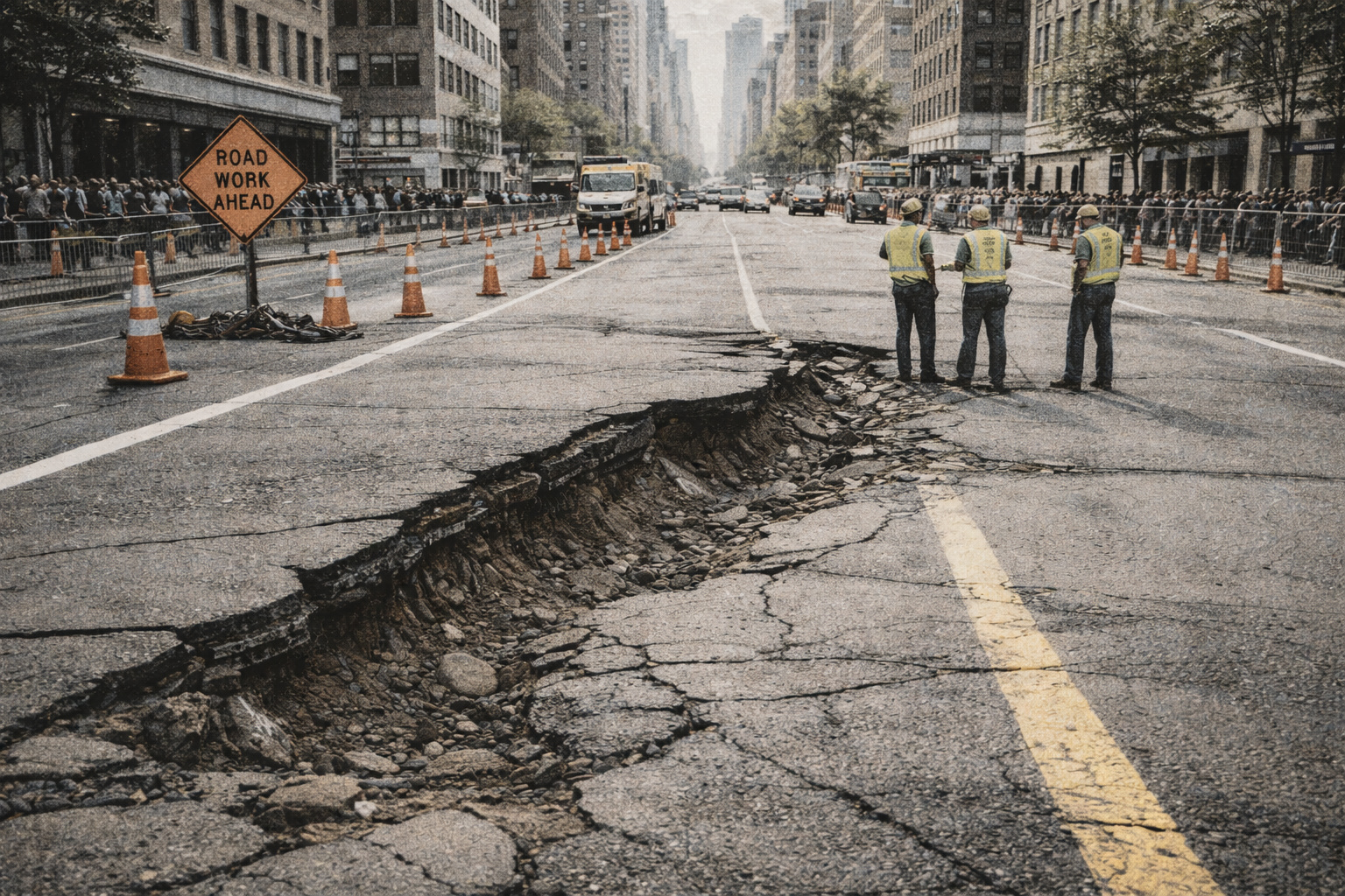 Rua em cidade dos Estados Unidos com afundamento do solo visível no asfalto, trabalhadores analisando danos e cones sinalizando área urbana afetada por subsidência