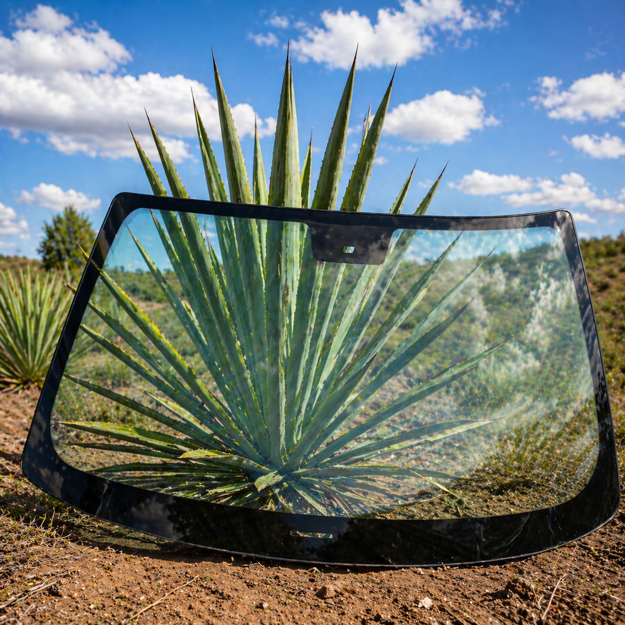 Planta de sisal no ambiente do semiárido com um para-brisa automotivo posicionado à frente, destacando a relação entre fibra natural e indústria automotiva