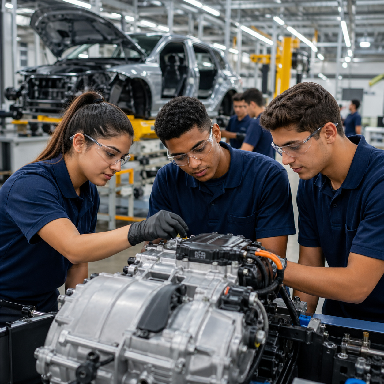 Alunos do SENAI aprendendo na prática em ambiente industrial automotivo, trabalhando em componente de veículo dentro de fábrica moderna com equipamentos tecnológicos