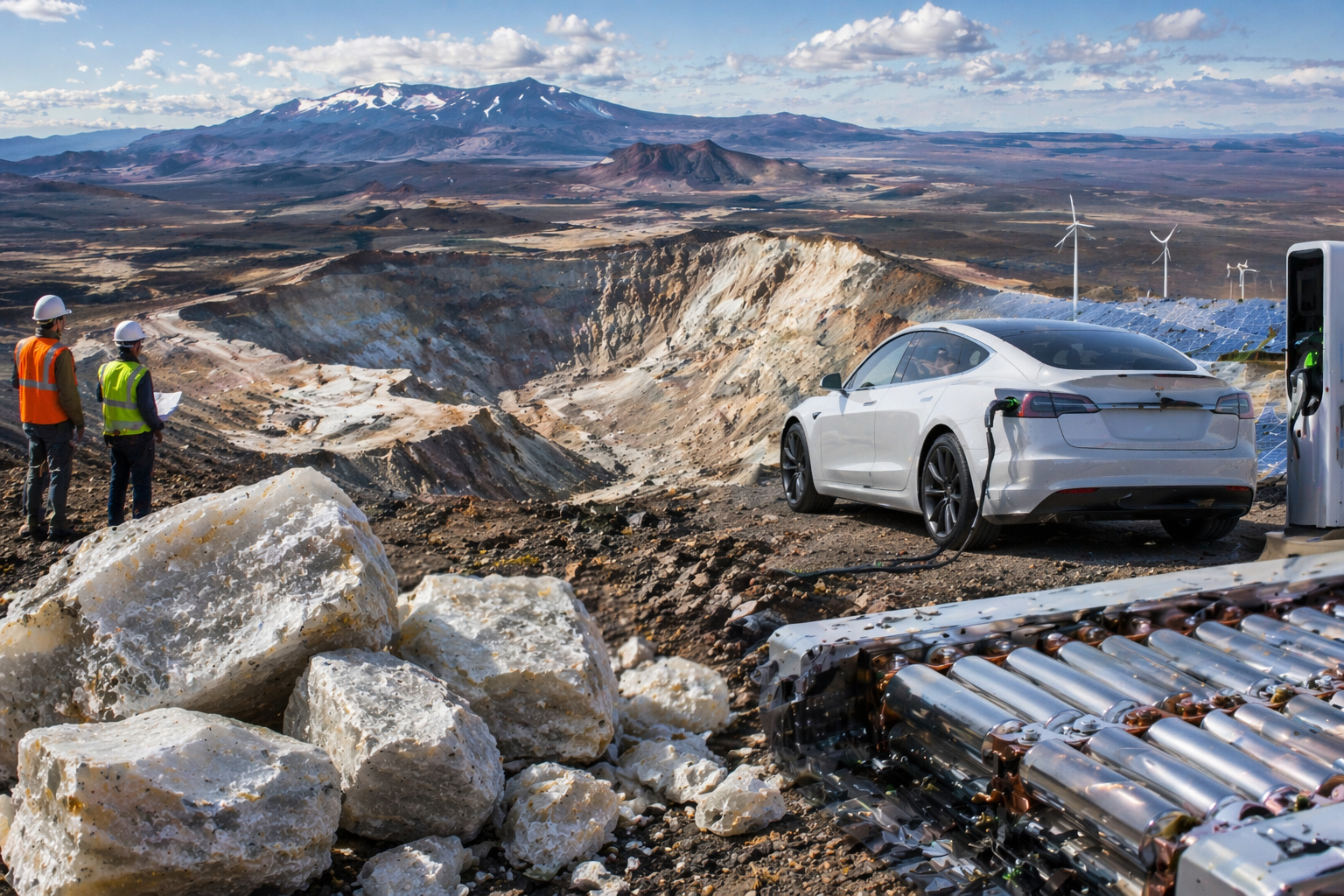 Supervulcão com jazida de lítio, trabalhadores analisando rochas minerais e carro elétrico carregando próximo a turbinas eólicas e painéis solares