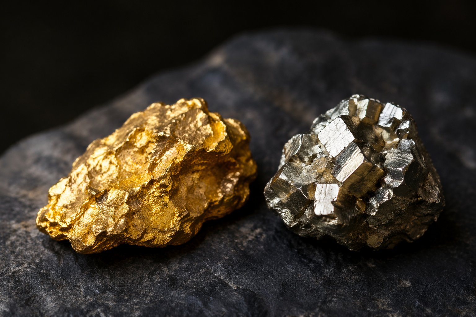 Comparação entre pirita e ouro sobre rocha escura, destacando brilho metálico semelhante e diferenças estruturais dos minerais