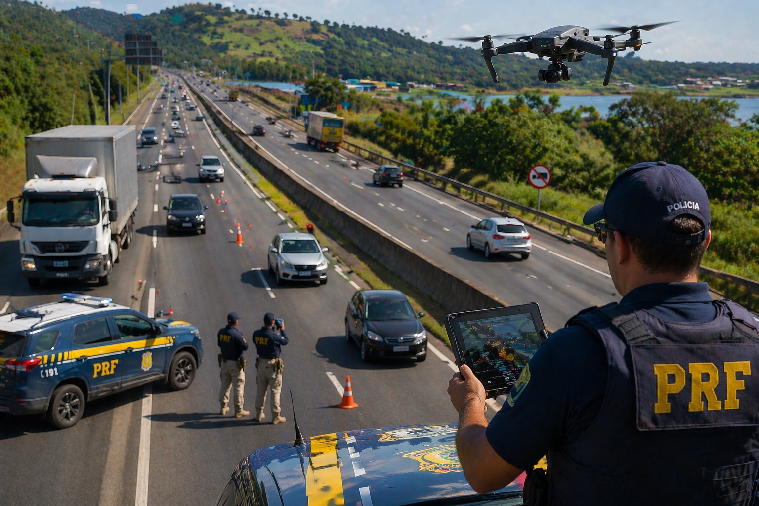 Drone da PRF sobrevoando rodovia federal enquanto agentes monitoram veículos e registram infrações de trânsito