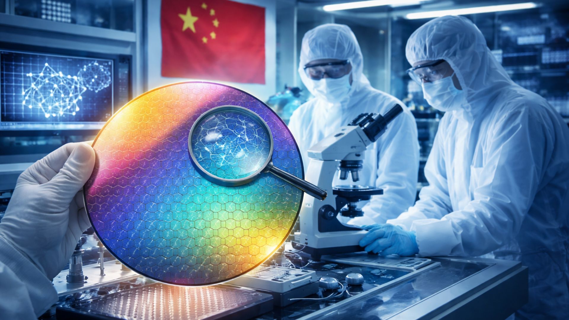 Cientistas em laboratório na China analisam wafer de semicondutores 2D com lupa, destacando nova técnica que acelera produção e pode superar limitações do silício