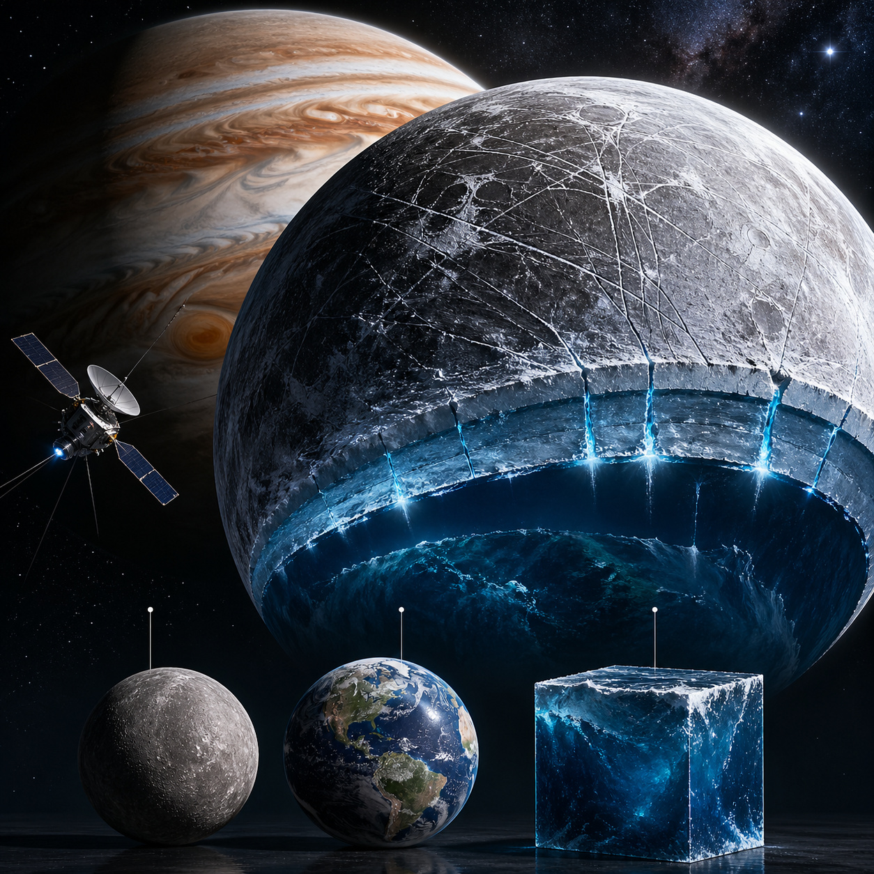 Cientistas investigam Ganimedes, uma lua maior que Mercúrio que pode esconder um oceano global sob quilômetros de gelo, concentrando mais água que todos os oceanos da Terra e transformando o maior satélite do Sistema Solar em um reservatório colossal ainda inacessível