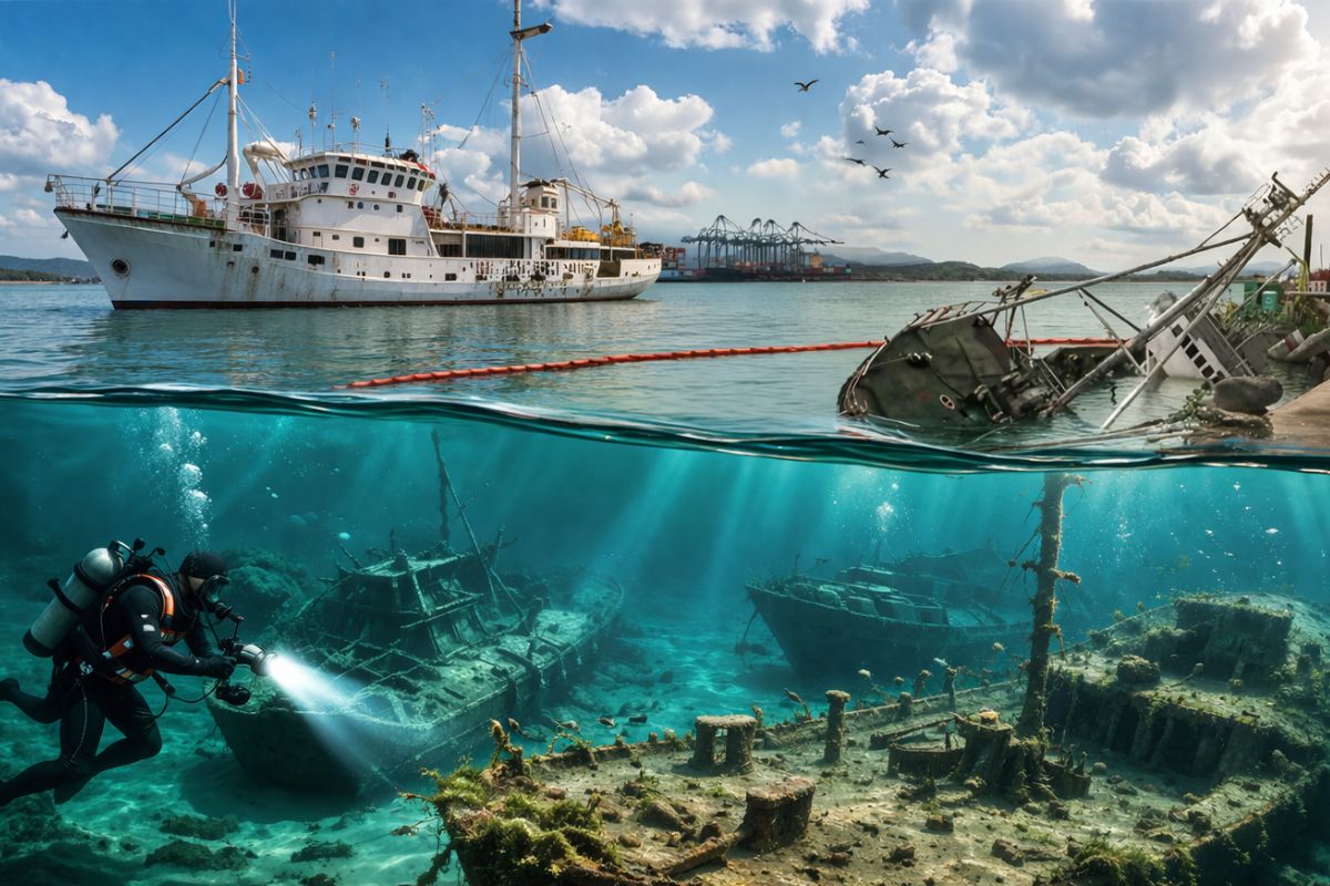 Cientistas registram 12 embarcações naufragadas no fundo do mar no entorno do porto de Santos sete já foram estudadas, com destaques para o Casador de 1828, o Questrel que surge na maré (2)