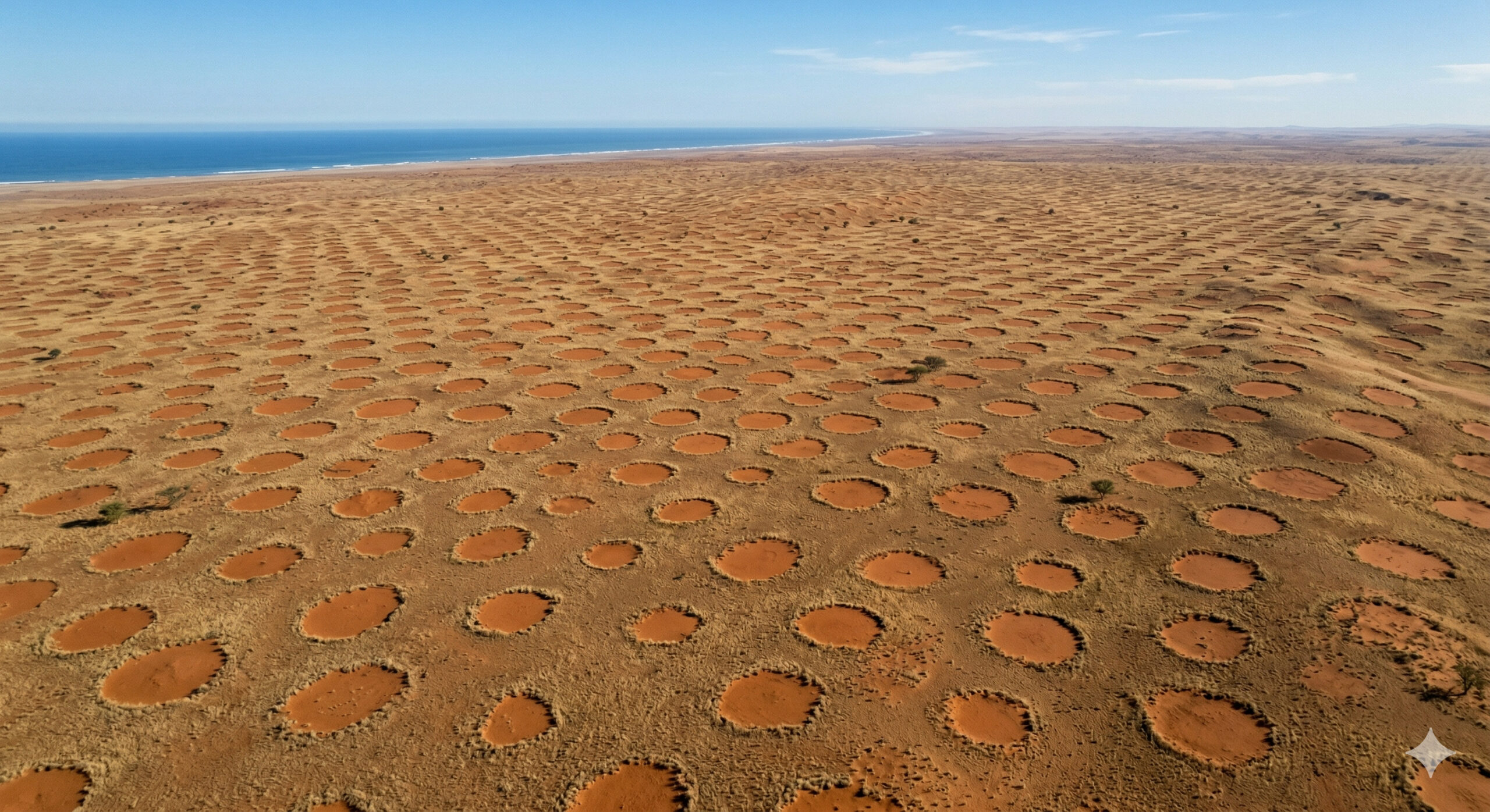 No deserto da Namíbia, os “círculos de fadas” formam mais de 10 milhões de anéis perfeitos, de 2 a 15 metros de diâmetro, distribuídos por uma faixa de até 2.000 km ao longo da costa, organizados em padrões hexagonais visíveis do espaço