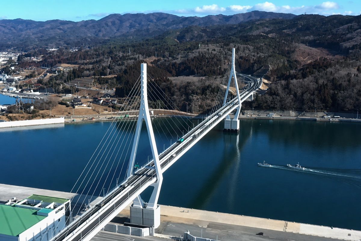 Com guindastes flutuantes e precisão de milímetros, Japão ergueu a ponte estaiada de Kesennuma sobre a baía após o tsunami de 2011, içando módulos de aço (3)