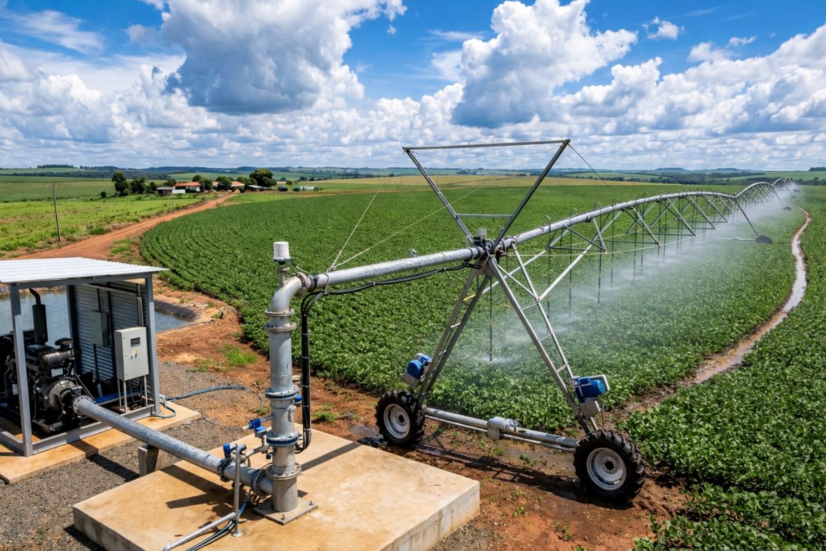 Como funciona um pivô central por dentro da casa de bombas ao giro de 500 m, motor de 150 cv, 75 hectares irrigados em 16 a 24 horas, sensores, bicos e manutenção (2)