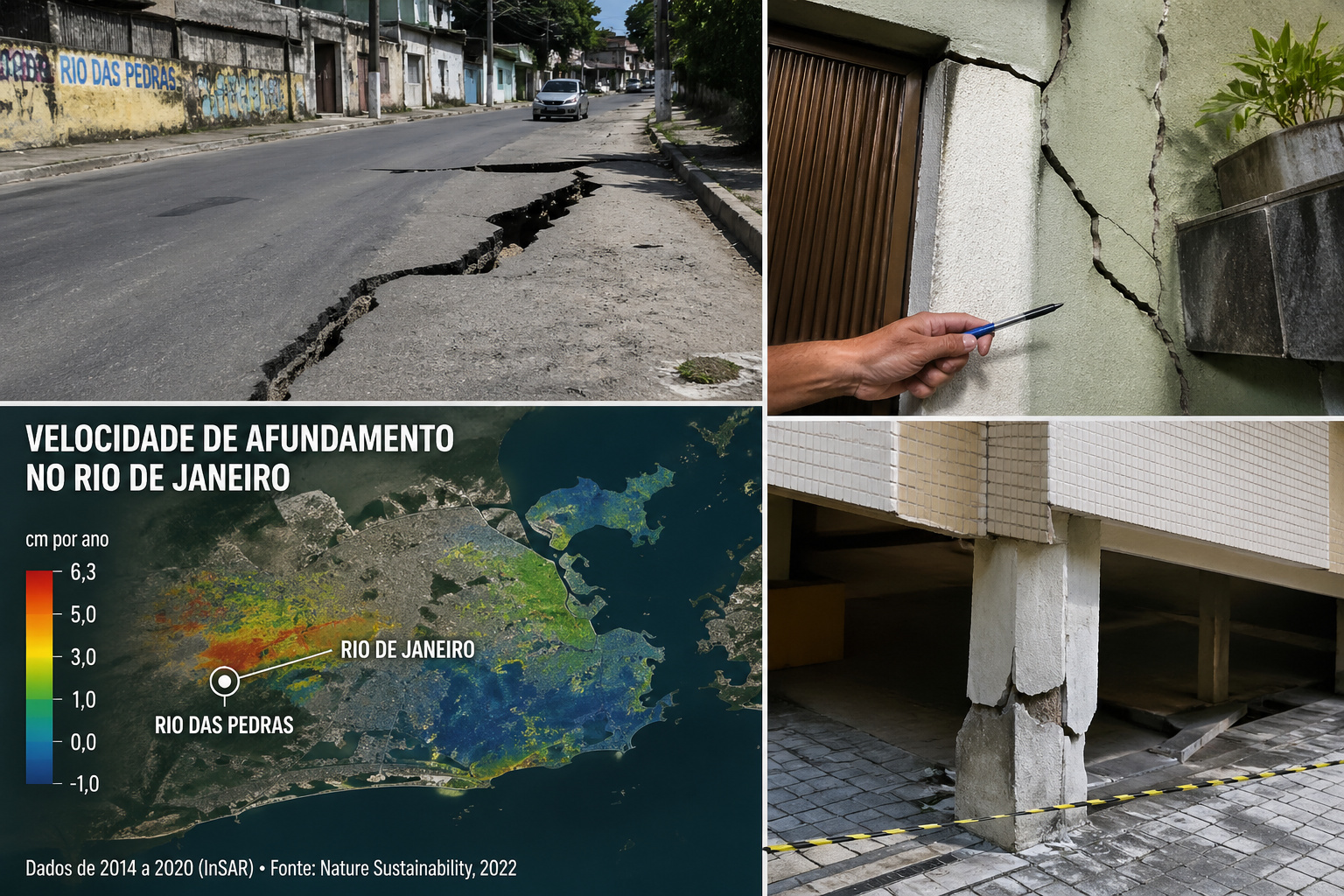 Com partes da Zona Oeste do Rio afundando até 6,3 cm por ano sobre solos moles, a capital fluminense vê áreas como Rio das Pedras entrarem em alerta por recalques, rachaduras e risco estrutural em terrenos urbanizados sobre camadas instáveis que exigem fundações profundas e obras caras de contenção