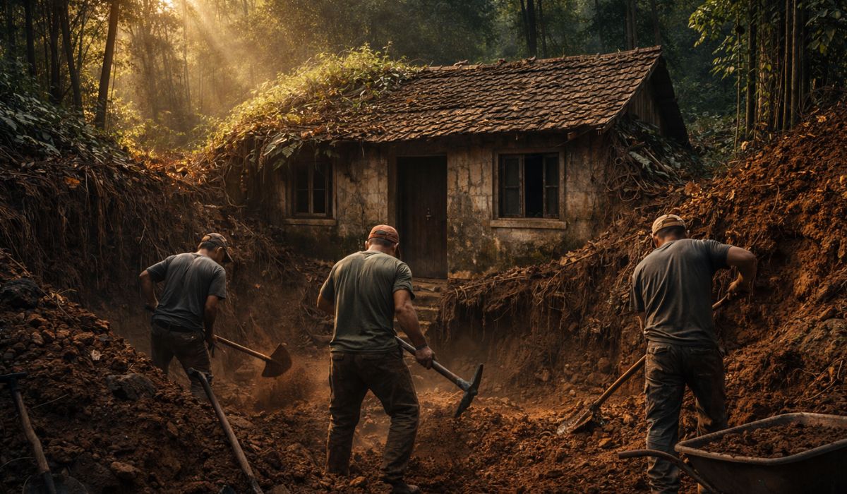 Casa esquecida por 70 anos é desenterrada por três homens após promessa ao pai e revela uma história de memória familiar. (Imagem: Ilustrativa)