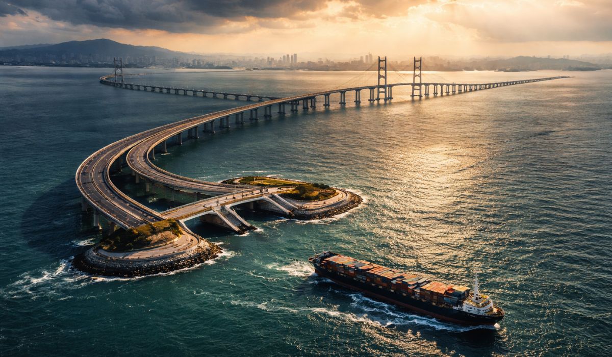 Conheça a travessia de 55 km entre Hong Kong, Zhuhai e Macau, com túnel submarino e impacto na mobilidade e na logística regional. (Imagem: Ilustrativa)