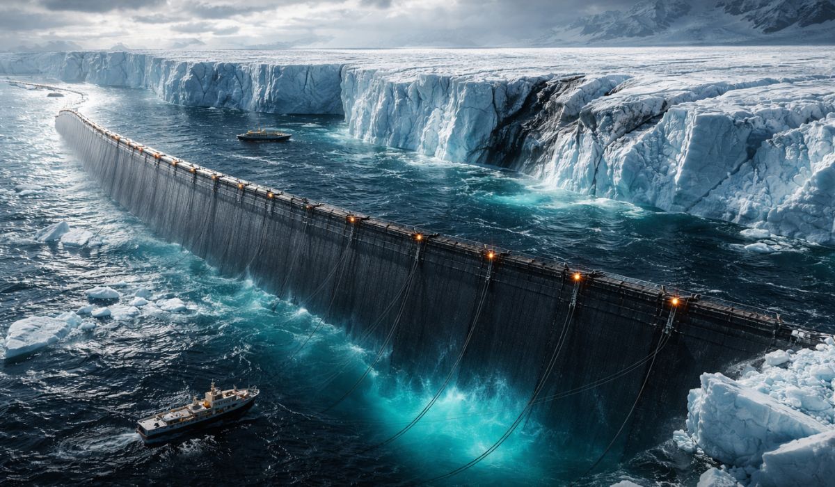 Entenda a proposta de cortina submarina para conter o derretimento do glaciar Thwaites, na Antártida, e o risco de alta do mar global. (Imagem: Ilustrativa)