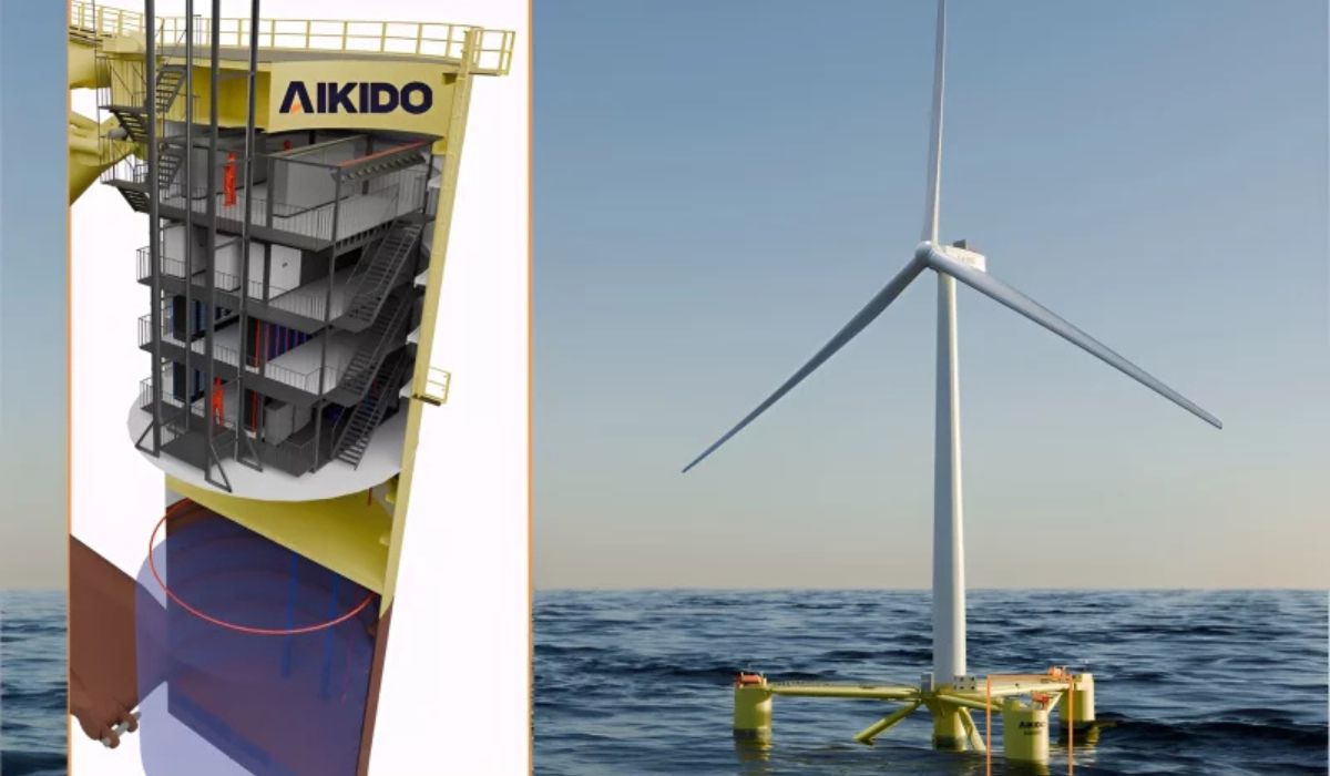 Os planos preveem que cada perna da turbina eólica flutuante AO60DC da Aikido Technologies abrigue um módulo de centro de dados de IA, que será alimentado pela turbina e resfriado. (Imagem: Aikido Technologies)