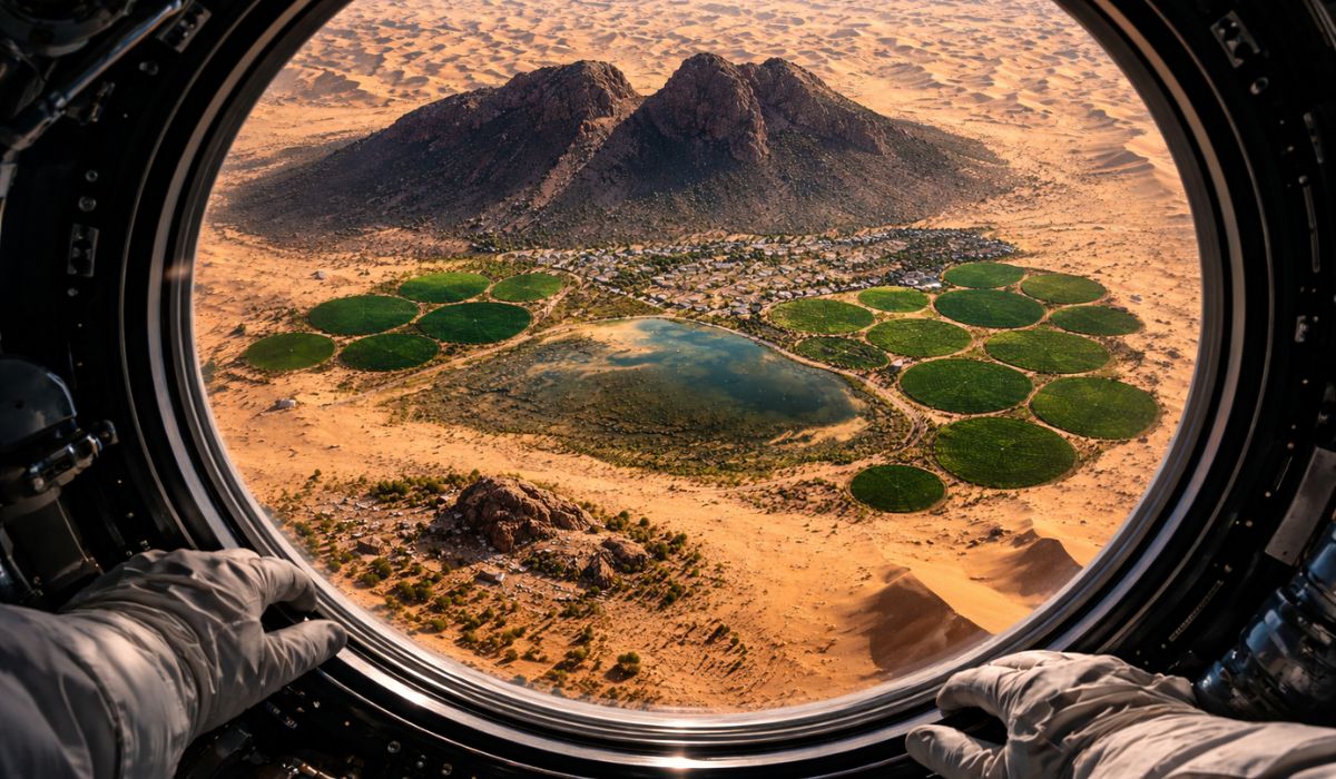 Imagem da NASA mostra Jubbah, na Arábia Saudita, sobre um paleolago cercado por dunas, agricultura irrigada e arte rupestre. (Imagem: Ilustrativa)