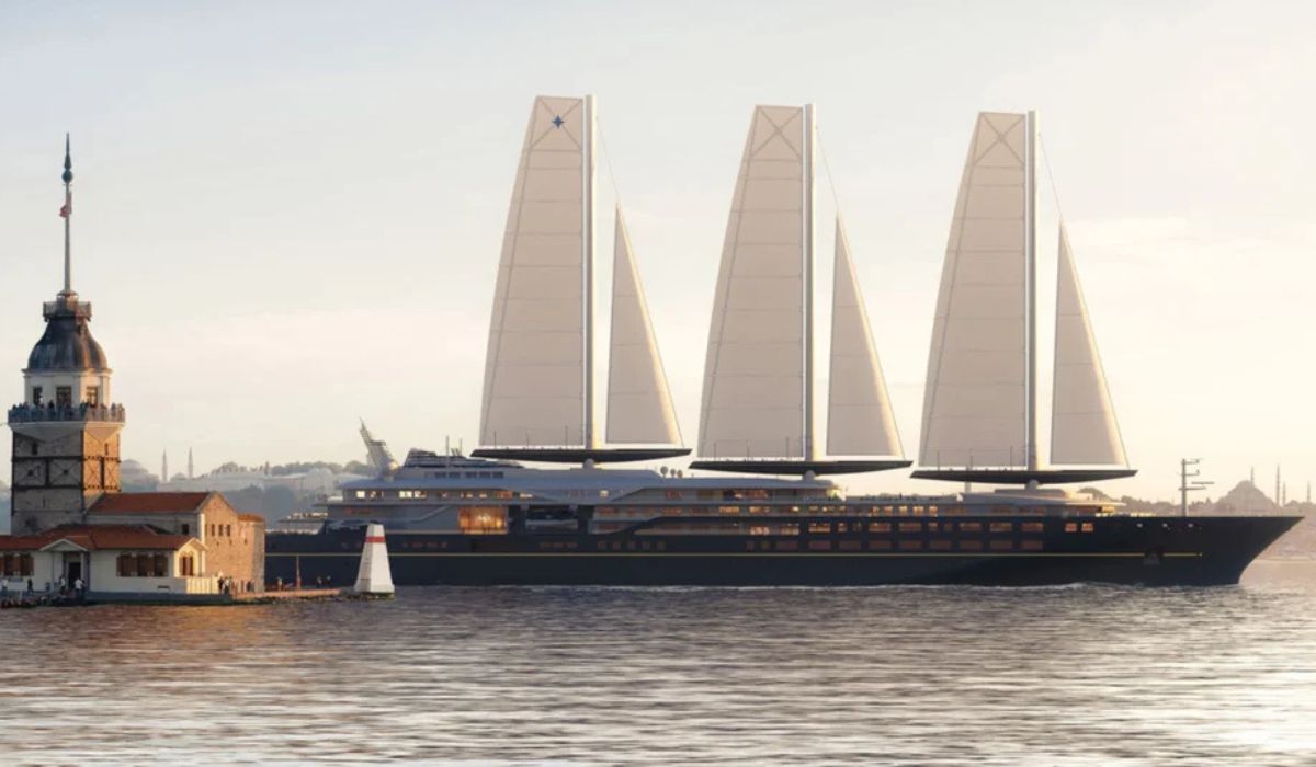Orient Express Corinthian, o maior iate à vela do mundo, avança com tecnologia SolidSail e recorde em testes no mar. (Imagem: Reprodução)