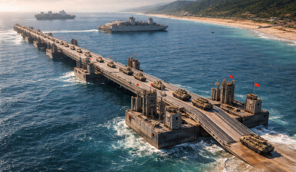 Conheça as barcaças-ponte da China, estruturas modulares que chamam atenção pela engenharia naval e pelo uso logístico no litoral. (Imagem: Ilustrativa)