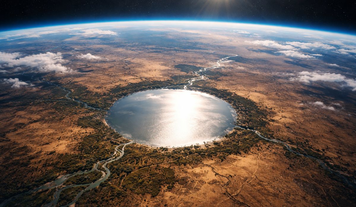 Imagem da NASA mostra o Lago Iro, no Chade, brilhando como espelho por um raro sunglint e reacende debate sobre cratera. (Imagem: Ilustrativa)
