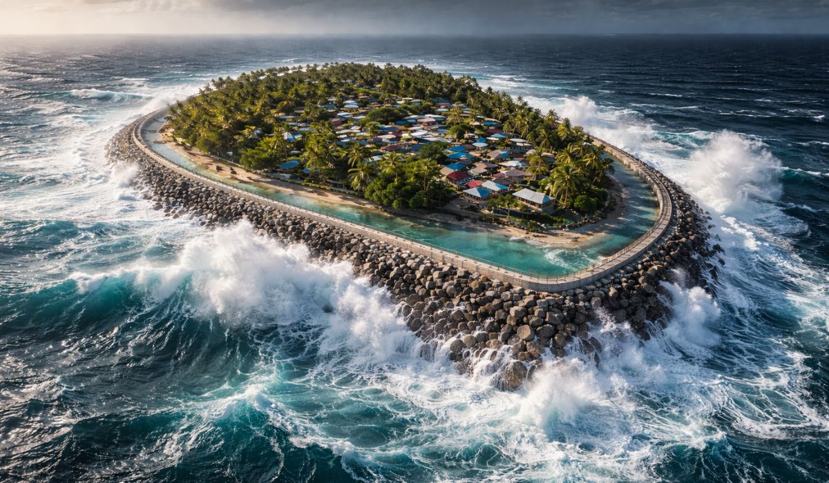 Ilhas do Pacífico erguem muros contra o avanço do mar, e Tuvalu discute cercar uma ilha inteira para conter erosão e alagamentos. (Imagem: Ilustrativa)