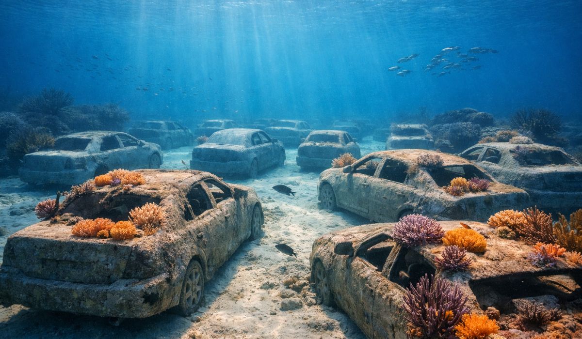 Miami Beach afunda 22 carros de concreto no mar para criar recife artificial com corais nativos em South Beach pelo REEFLINE. (Imagem: Ilustrativa)