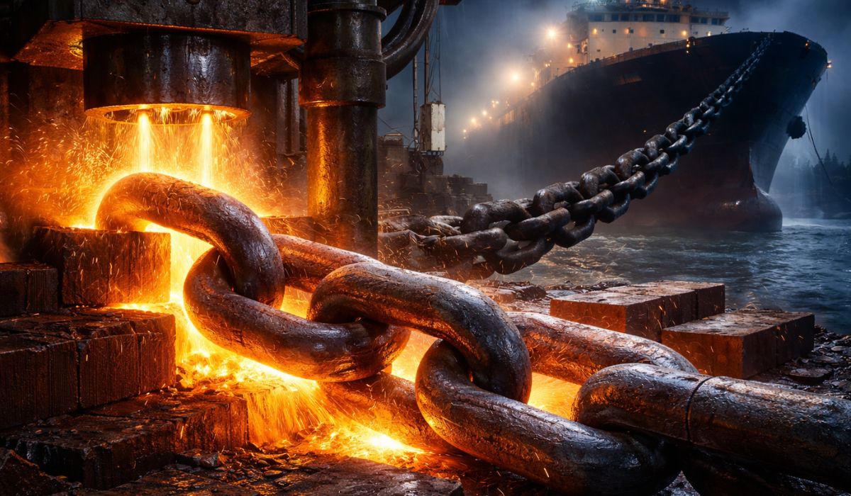 Veja como calor extremo e pressão colossal transformam aço em correntes gigantes capazes de segurar navios de 240 mil toneladas. (Imagem: Ilustrativa)
