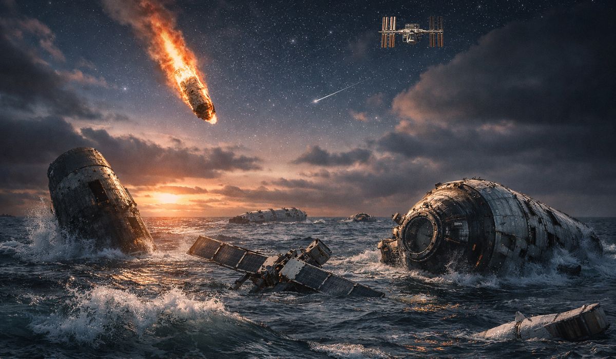 Entenda por que o Ponto Nemo, no Pacífico Sul, virou destino de espaçonaves desativadas e reentradas controladas da era espacial. (Imagem: Ilustrativa)