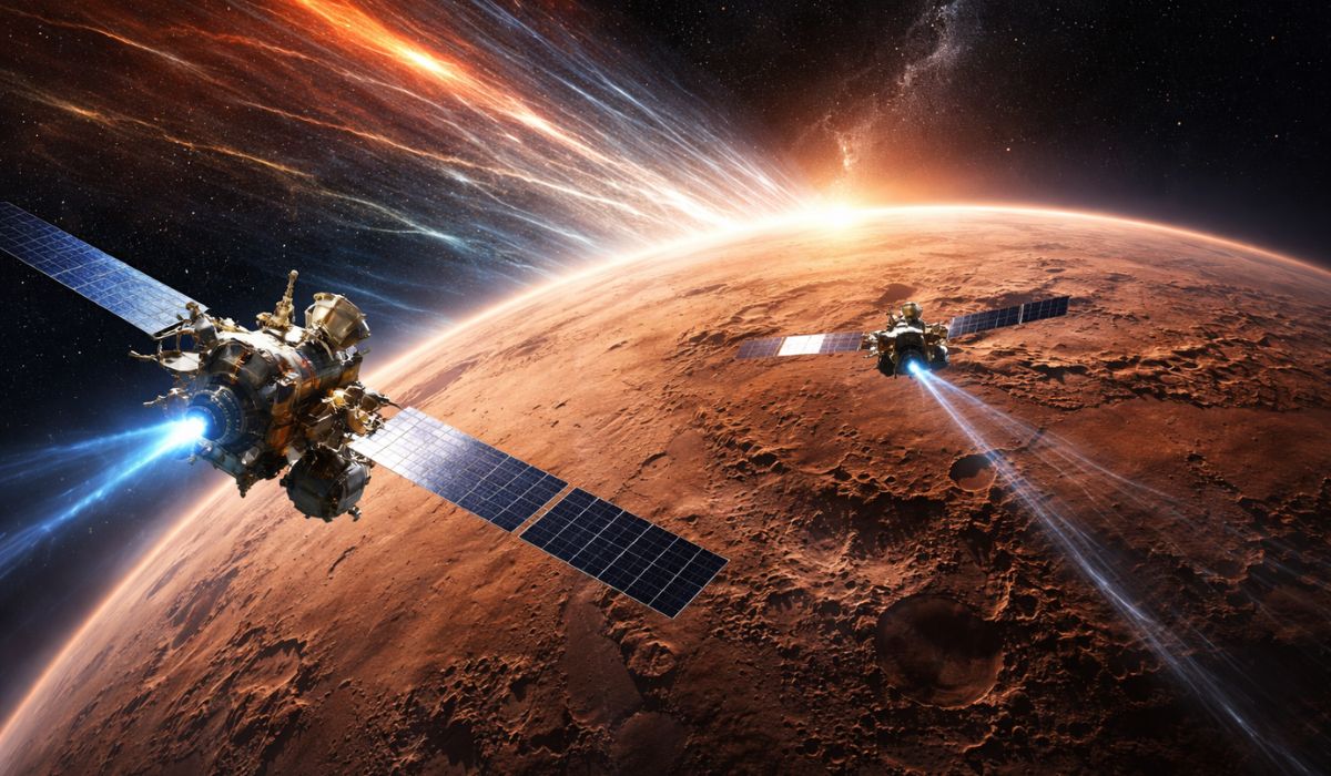 NASA lança missão ESCAPADE para investigar como o vento solar contribuiu para a perda da atmosfera de Marte ao longo do tempo. (Imagem: Ilustrativa)