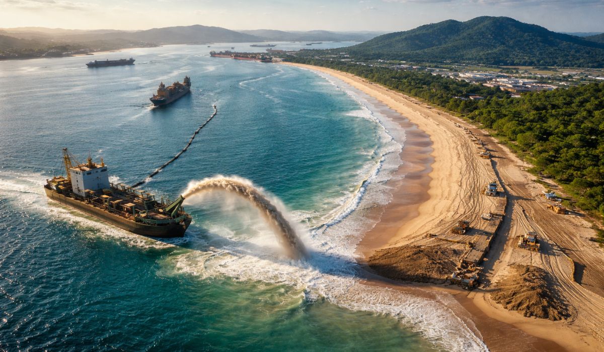Obra em Itapoá aprofunda canal da Babitonga e reaproveita areia da dragagem para ampliar a praia e conter a erosão em SC. (Imagem: Ilustrativa)