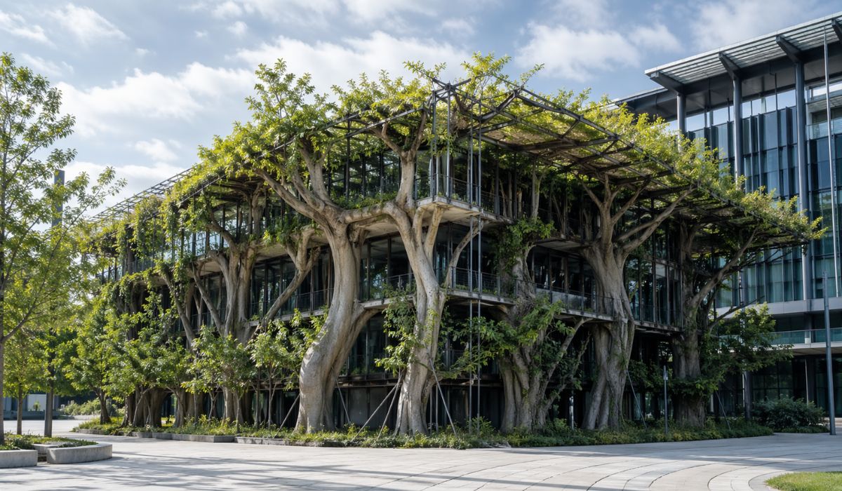 Conheça a Baubotanik, técnica alemã que usa árvores vivas como pilares, paredes e coberturas em construções monitoradas por universidades. (Imagem: Ilustrativa)