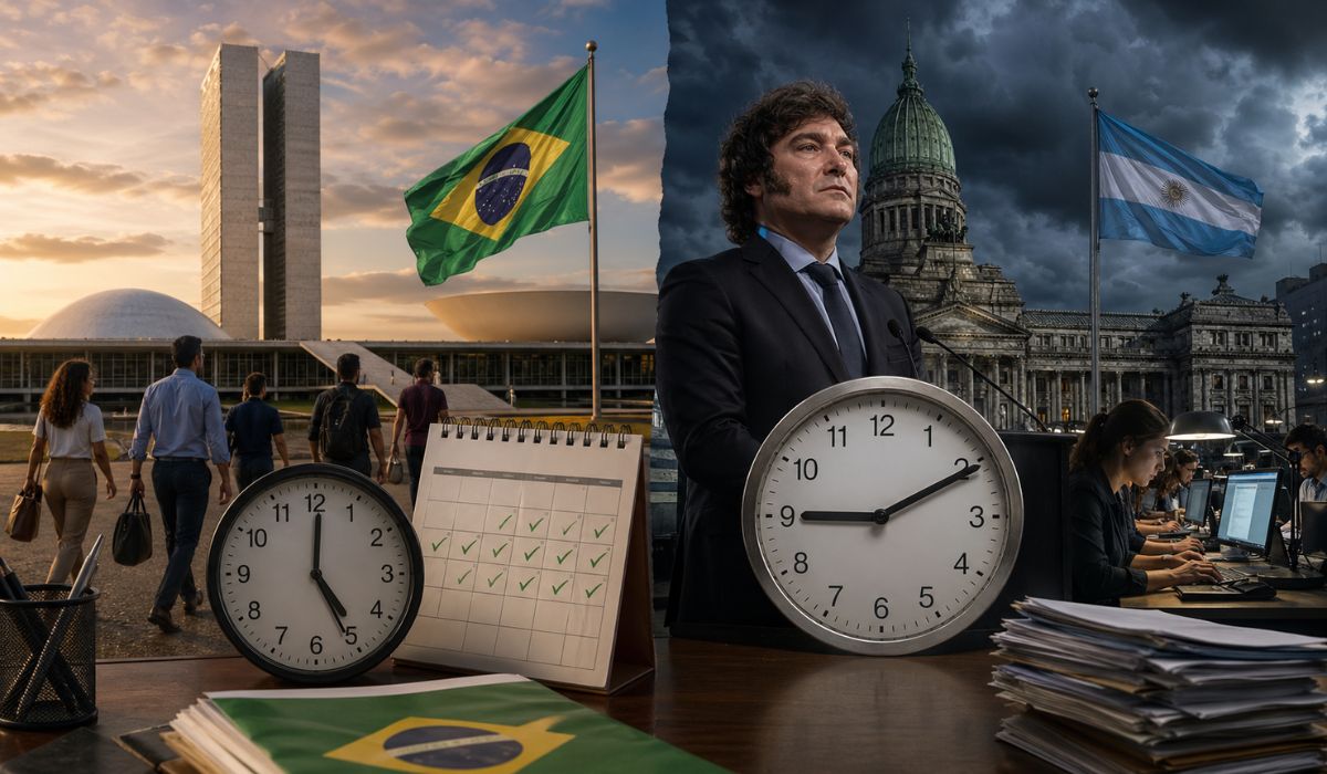 Brasil debate o fim da escala 6x1, enquanto a Argentina aprova reforma trabalhista com jornada de até 12 horas e banco de horas na nova lei. (Imagem: Ilustrativa)