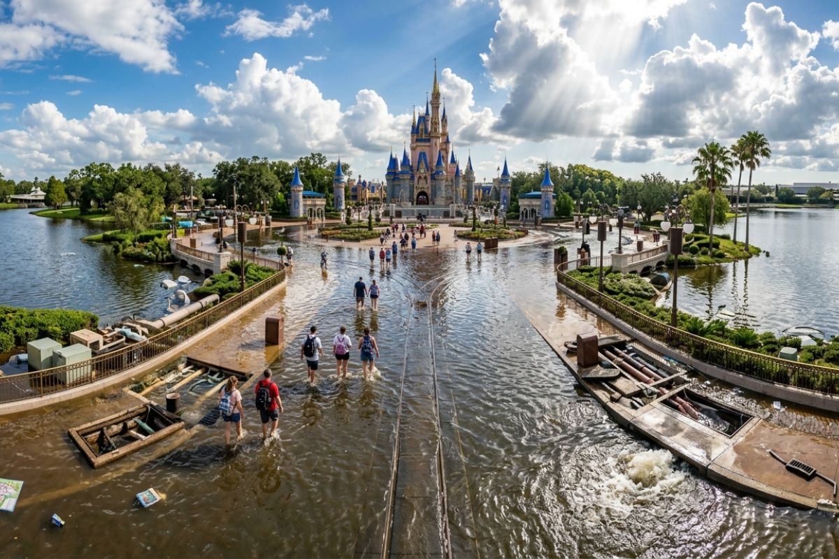 Disney gastou US$ 25 bilhões pra domar o pântano, mas o Magic Kingdom alaga com água no joelho túneis, canos e lagos gigantes existem, só que os boeiros travam