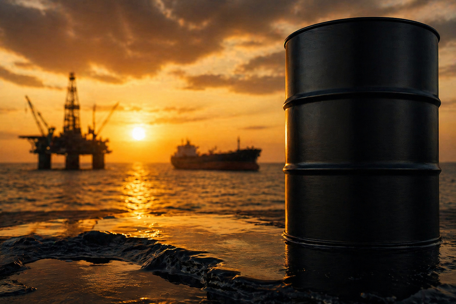 Barril de petróleo com plataforma e navio ao fundo no mar ao pôr do sol
