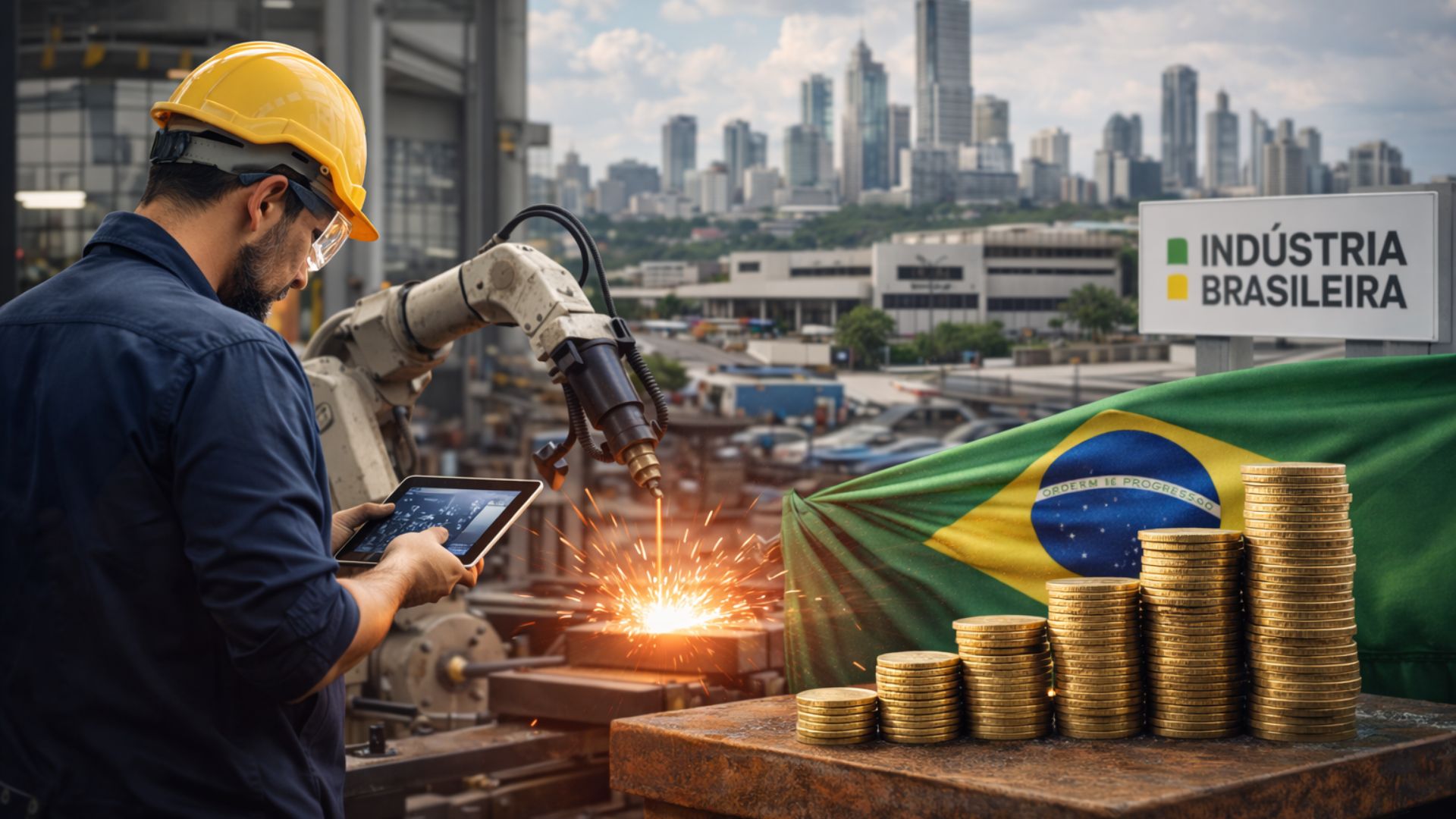 Trabalhador industrial opera máquina automatizada em fábrica enquanto utiliza tablet, com bandeira do Brasil ao fundo e moedas empilhadas representando crescimento econômico e investimento em tecnologia nacional.