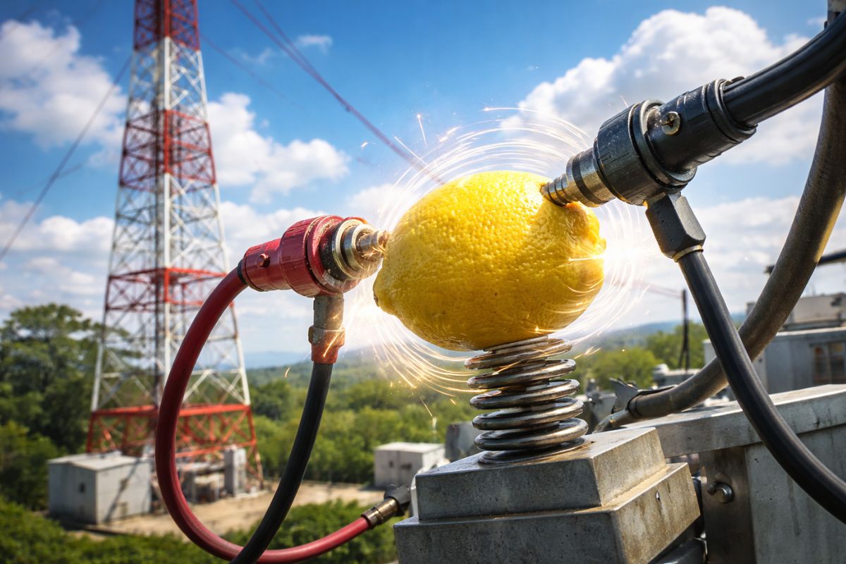 Ele coloca um limão entre o positivo e o negativo da antena de uma torre de rádio AM e pede para ligarem o transmissor em segundos, a fruta começa a aquecer e “cantar” (1)
