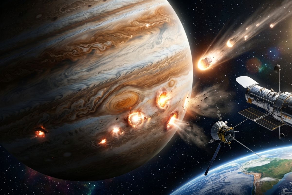 Em 1994, o cometa Shoemaker-Levy 9 explodiu em Júpiter diante de telescópios mostrou impactos planetários em tempo real e revelou o gigante como escudo e ameaça
