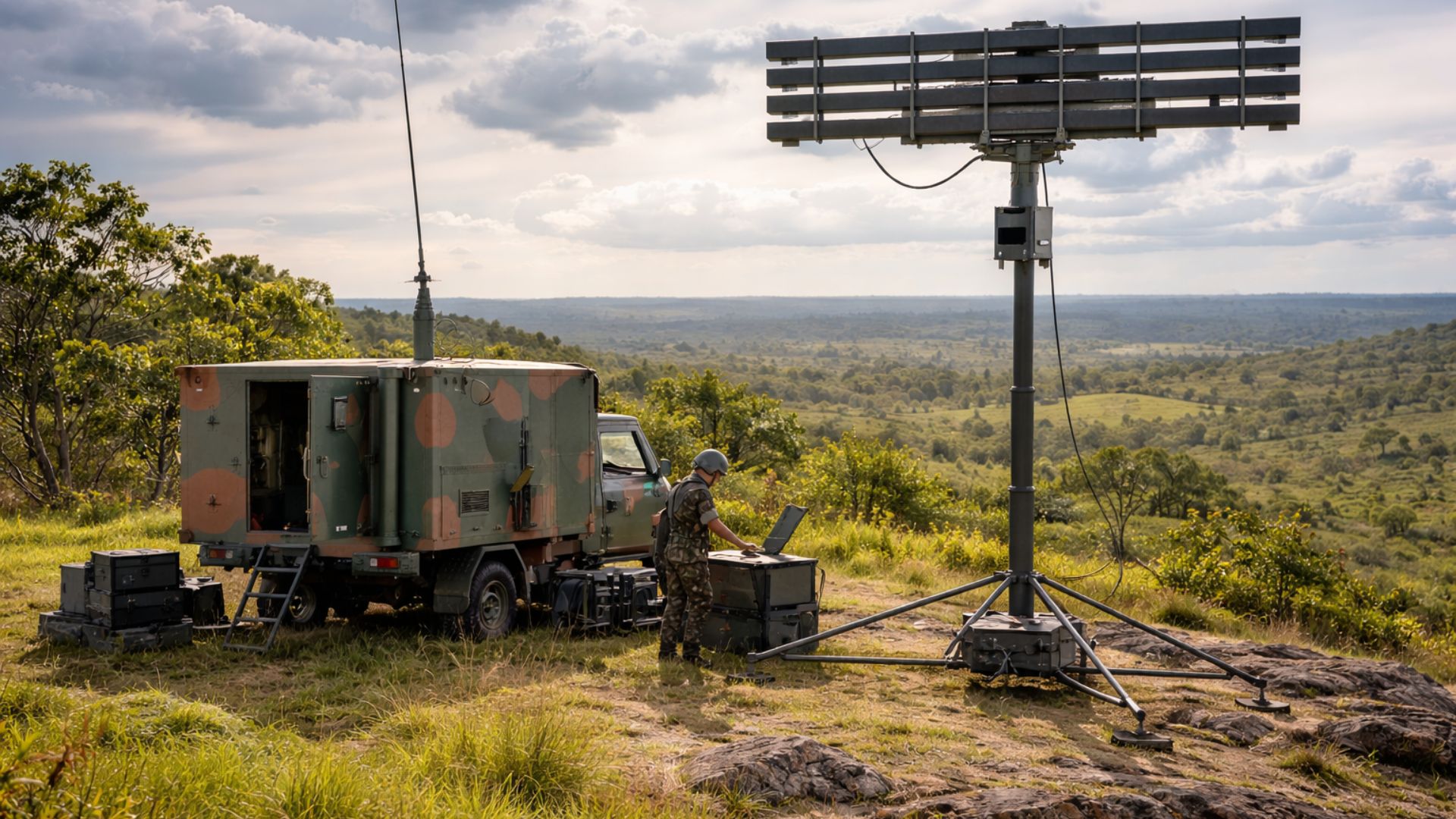 Radar militar móvel em operação em área elevada com soldado do Exército Brasileiro operando sistema de vigilância antiaérea modernizado