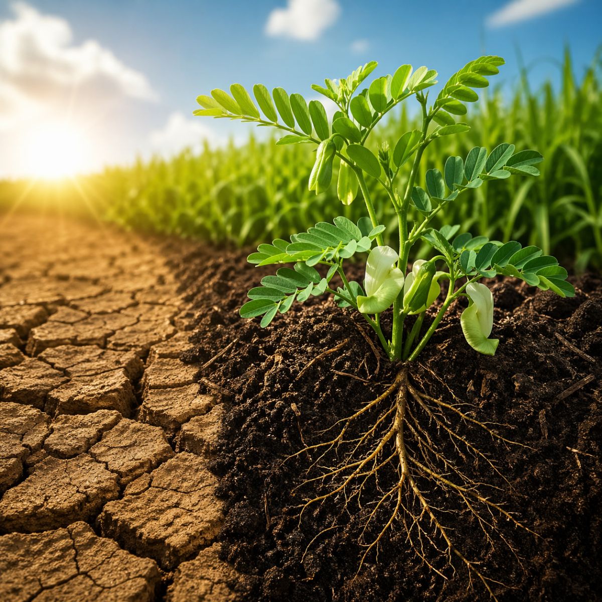 Planta Sesbania crescendo em solo fértil ao lado de terra seca e rachada, mostrando recuperação do solo com raízes profundas e vegetação saudável em área agrícola.