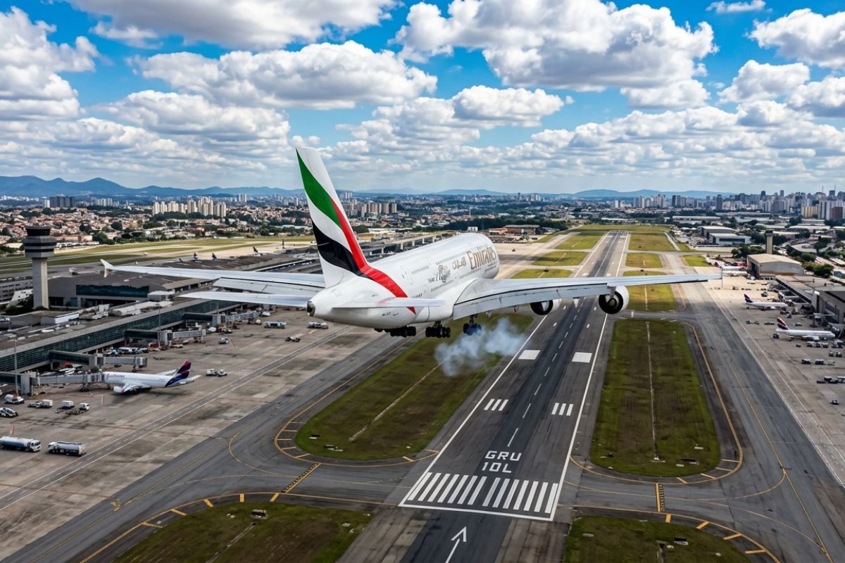 Emirates paga R$ 34.850,71 por pouso do A380 em Guarulhos, taxa calculada pelo peso máximo; vídeo mostra faixas da ANAC, compara Campinas e revela Recife seria ainda mais caro
