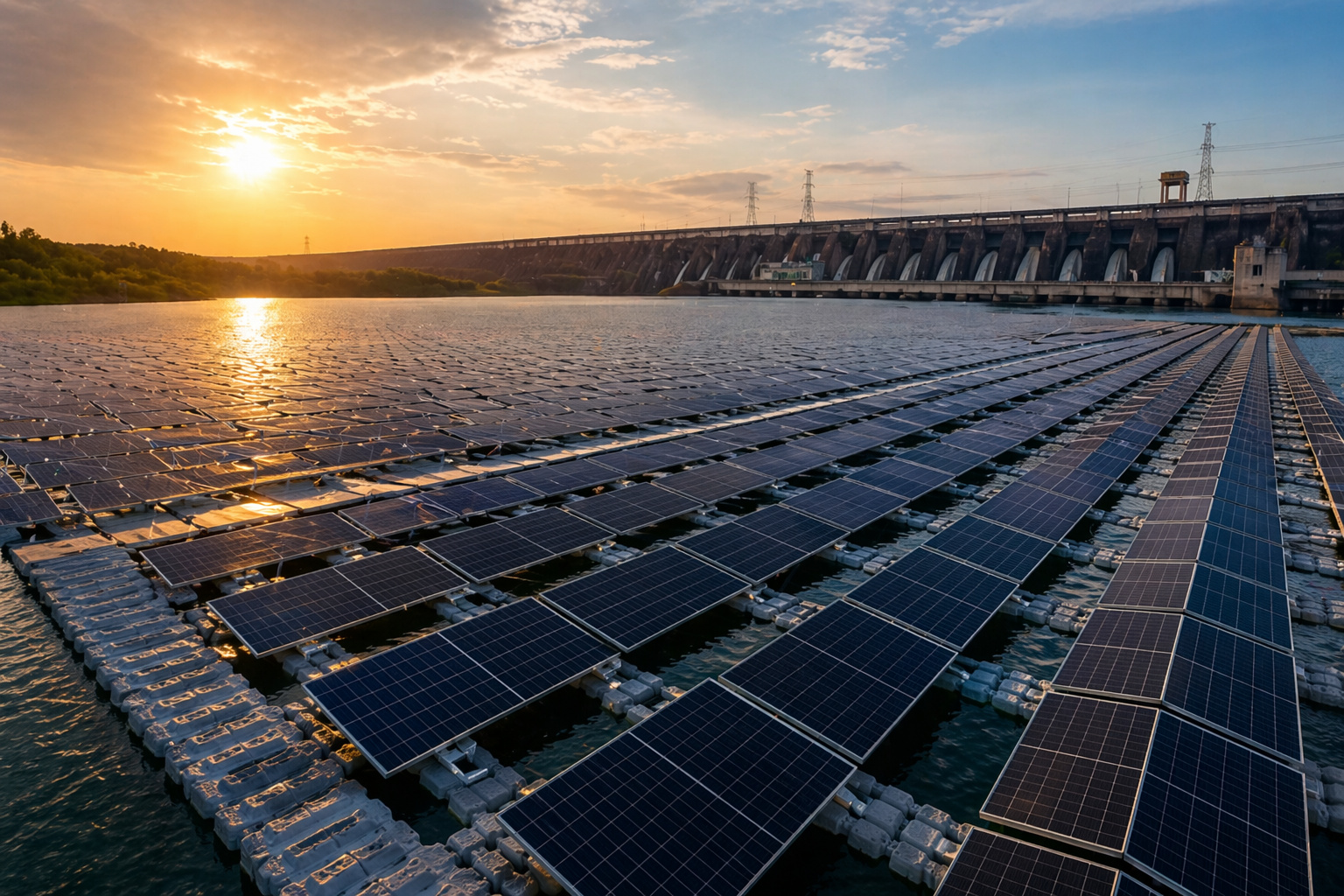 Painéis solares flutuantes em reservatório de usina hidrelétrica durante o pôr do sol