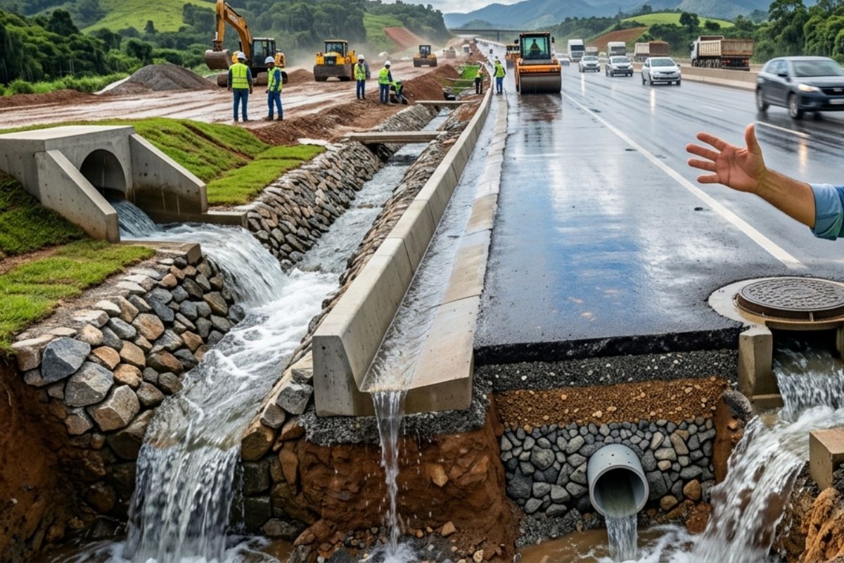 Engenheiro explica drenagem na época de chuva diferença entre água superficial e profunda, valetas, sarjetas e saídas d’água na estrada, além de drenos e colchão drenante