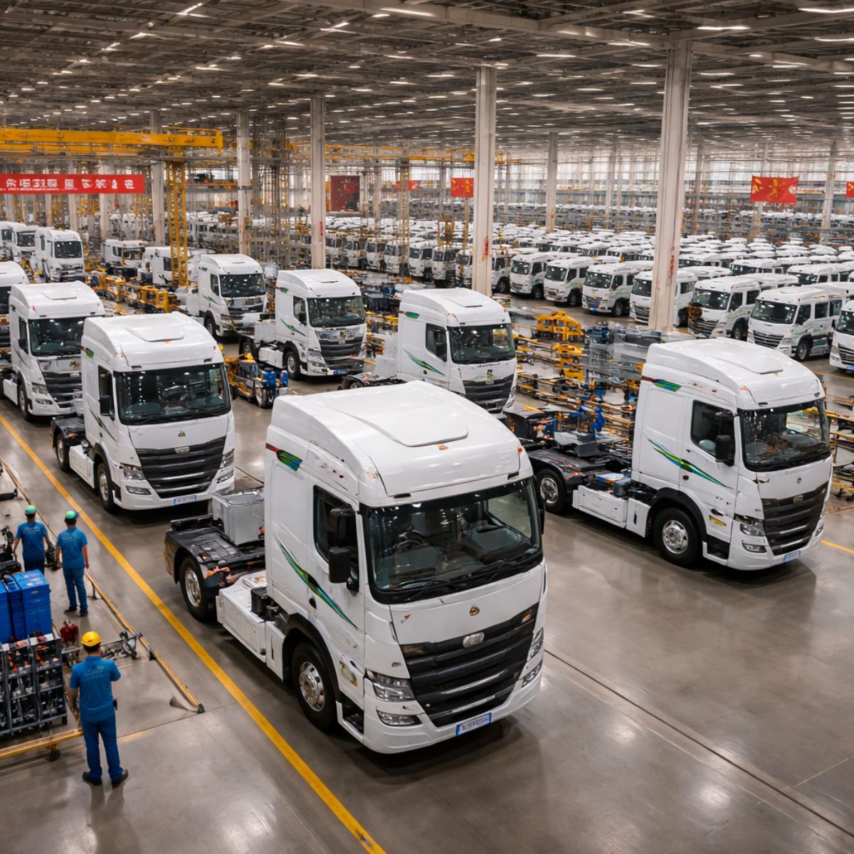 O grupo CLW em Hubei fabrica 20 mil caminhões por ano e vende direto para governos de centenas de países. A fábrica americana líder produz mil. China domina.