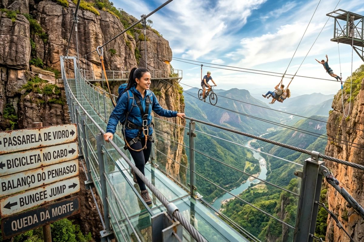 Entrei no parque de diversões mais perigoso do mundo para curar o medo de altura passarela de vidro, bicicleta no cabo, balanço no penhasco, bungee jump e a temida Queda (6)