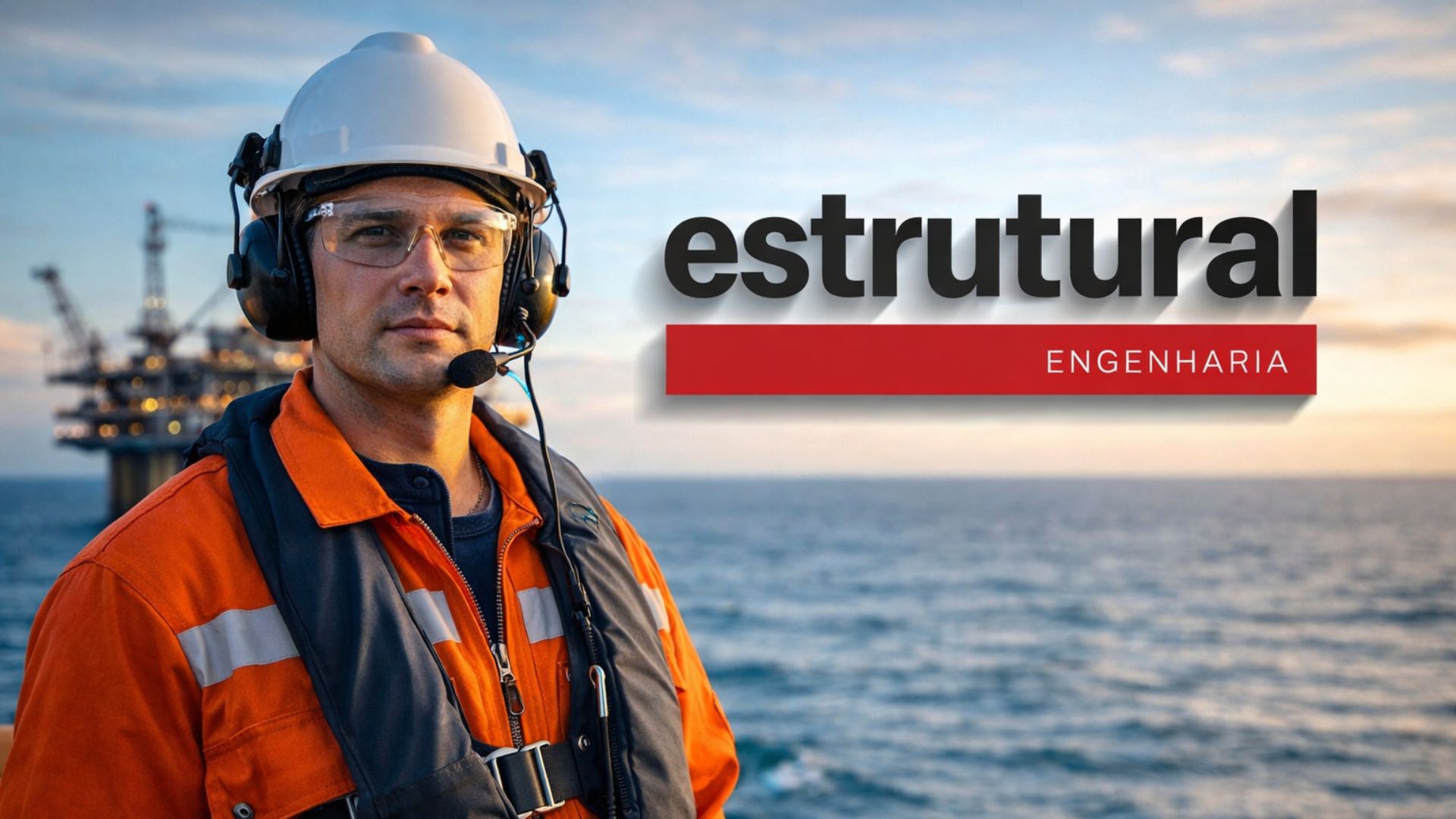 Trabalhador offshore com equipamentos de segurança em plataforma marítima ao lado do logotipo da Estrutural Engenharia