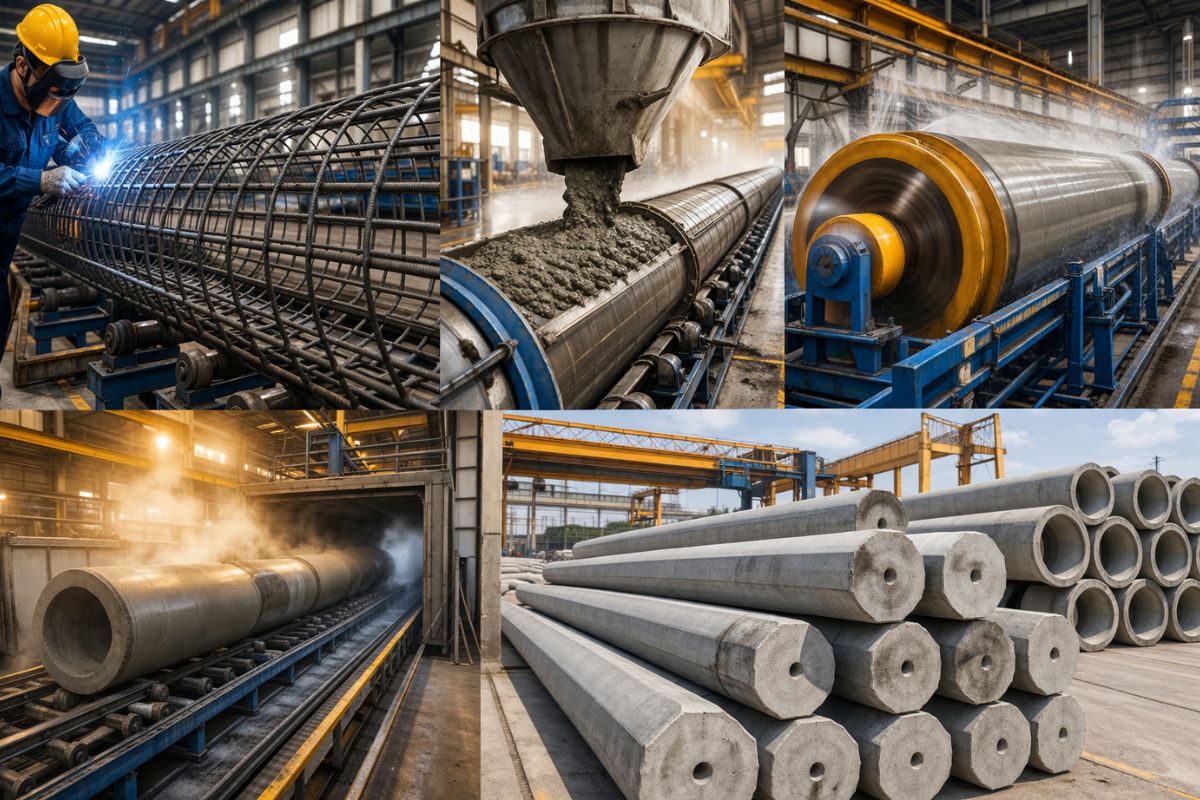 Fábrica mostra como nascem estacas PHC e tubos pré-moldados; aço vira gaiola soldada, concreto de resistência entra no molde, gira na centrifugação, cura a vapor e sai pronto em horas (6)
