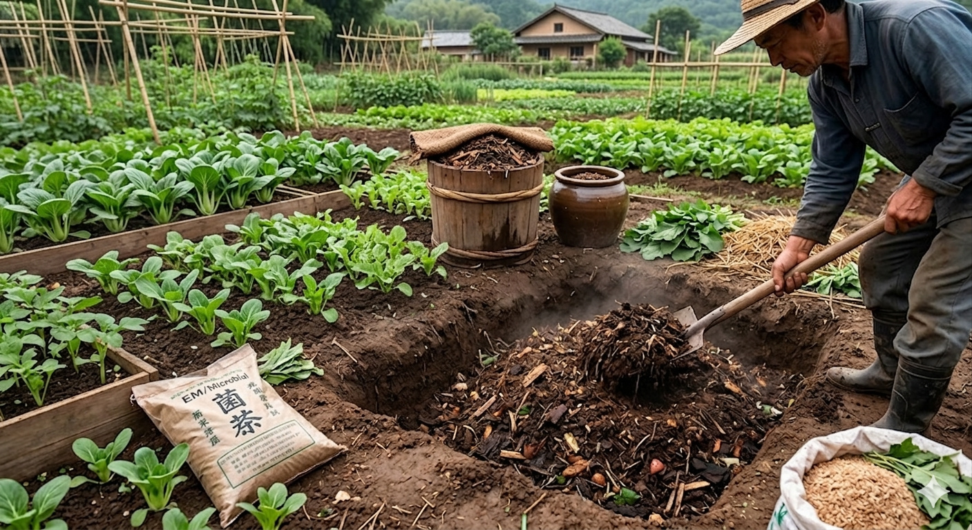 Farelos, matéria orgânica e microrganismos entram em fermentação e formam o bokashi, adubo de origem asiática que ganhou espaço no agro por fortalecer canteiros e acelerar a vida do solo