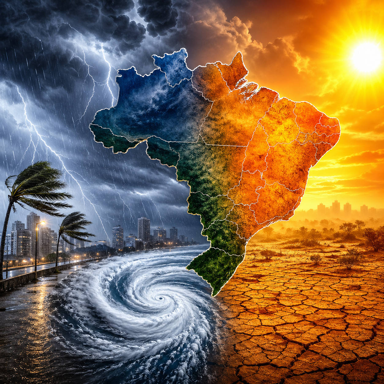 Feriadão de maio de 2026 terá ciclone no Sul, ar seco extremo no Centro-Oeste e chuvas intensas no Nordeste, com risco à saúde e temporais.